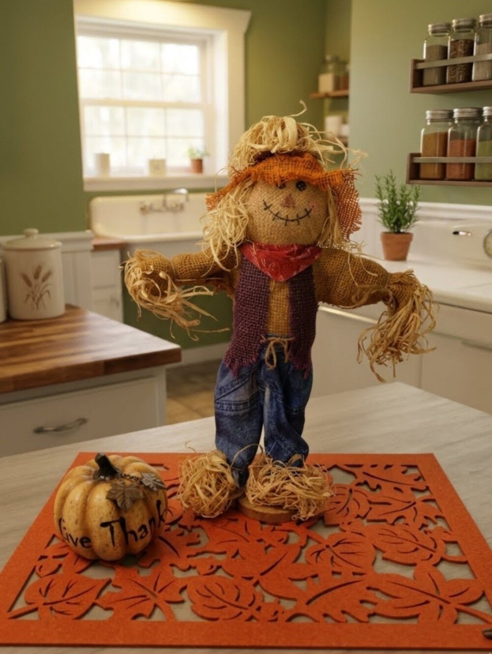 3 Pc. Bundle Fall Scarecrow, & Pumpkin Harvest Figures with Cut-out Placemat